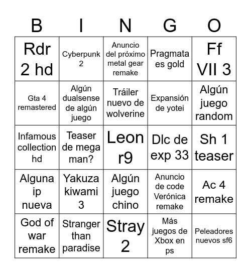 Game awards 2025 Bingo Card