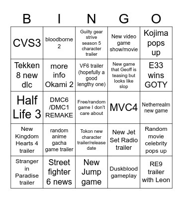 Game Awards Bingo Card