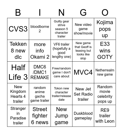 Game Awards Bingo Card