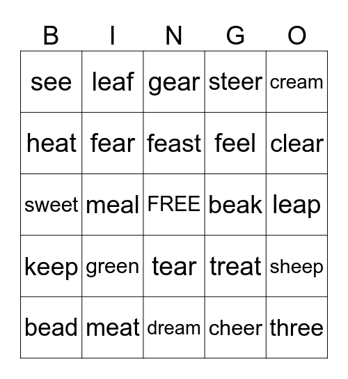 Long e Words Bingo Card