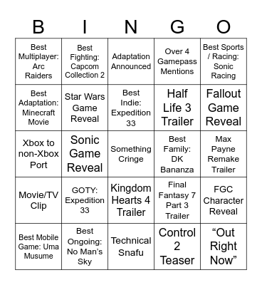2025 TGA Bingo Card