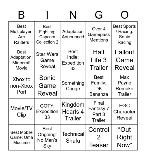 2025 TGA Bingo Card