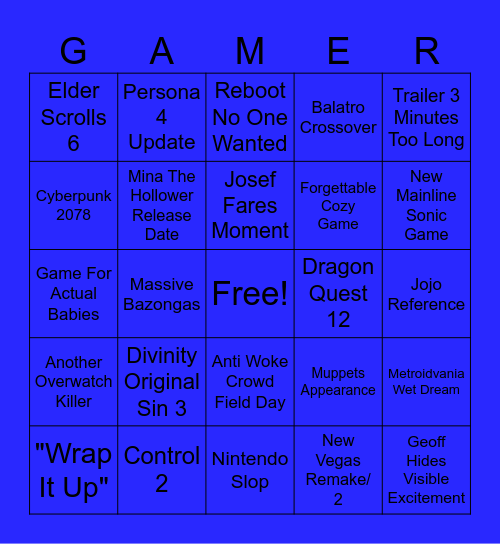 Game Awards 2025 Bingo Card