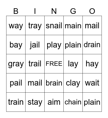 Long A Bingo Card