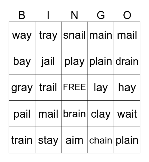 Long A Bingo Card