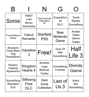 Game Awards 2025 Bingo Card