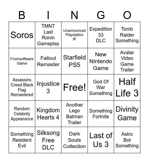 Game Awards 2025 Bingo Card