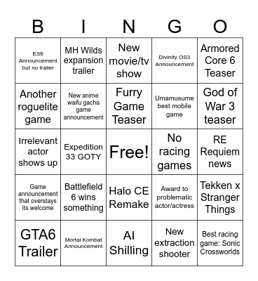 GAME AWARDS 2025 BINGO Card