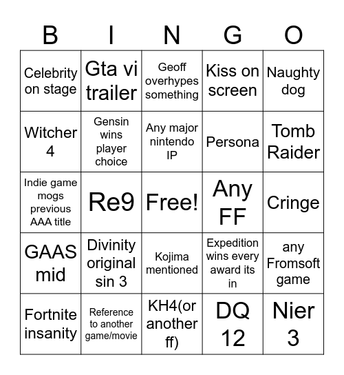 TGA Bingo Card