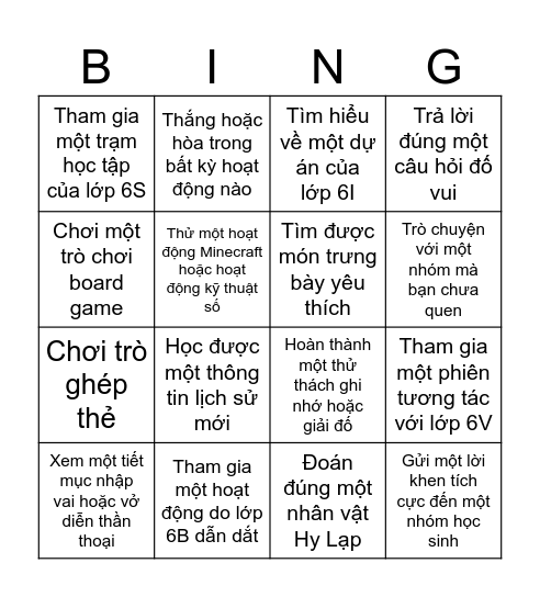 Buổi tổng kết chủ đề Hy Lạp Cổ Đại Bingo Card