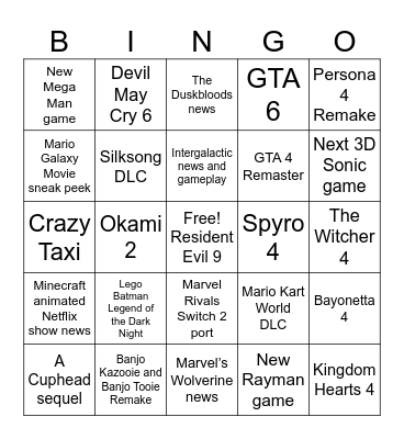 Game Awards 2025 predictions Bingo Card