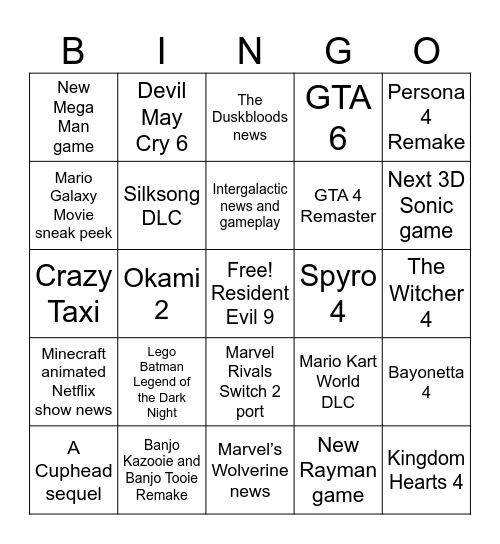 Game Awards 2025 predictions Bingo Card