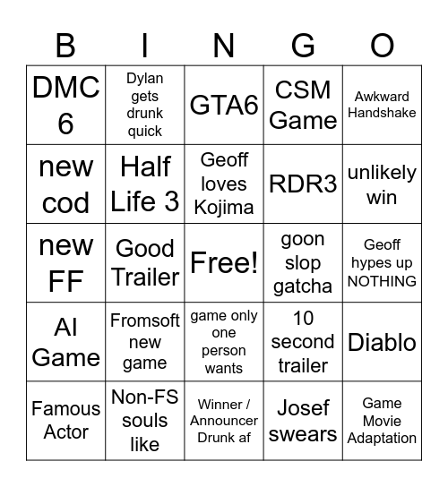 Game Awards Bingo Card
