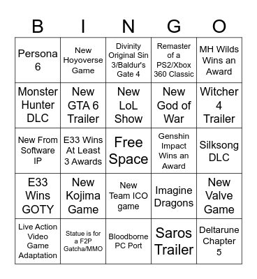 Game Awards Bingo Card