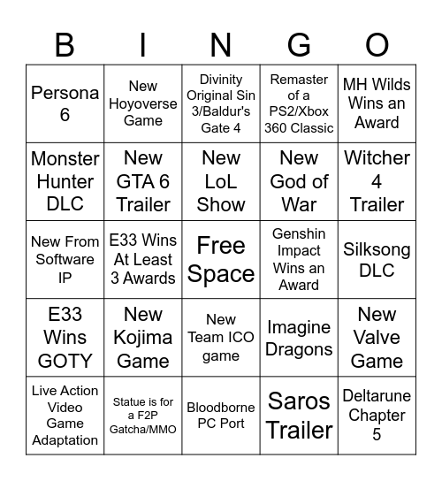 Game Awards Bingo Card
