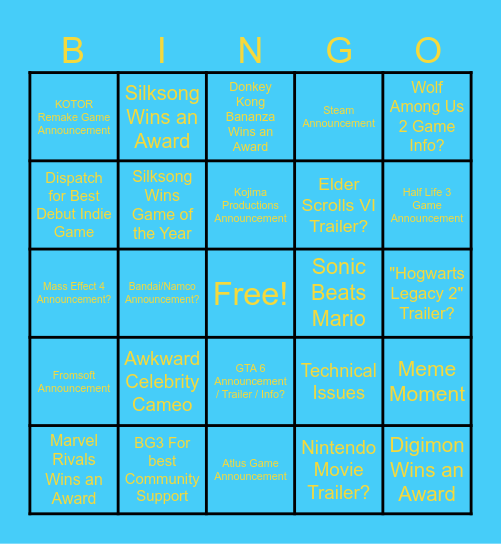 Game Awards 2025 Bingo Card Bingo Card
