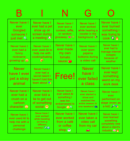'Never Have I Ever' Bingo Card