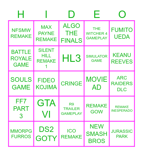 Bingo de los Game Awards Bingo Card