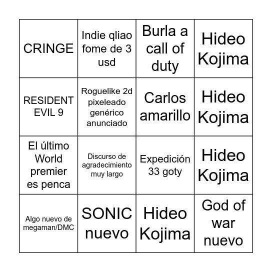 Geim aguors Bingo Card