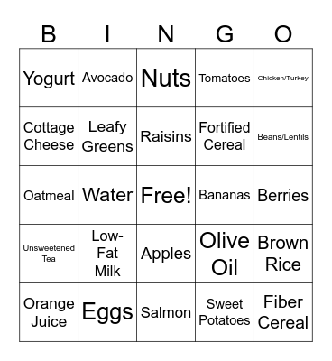 Nutrition Bingo Card
