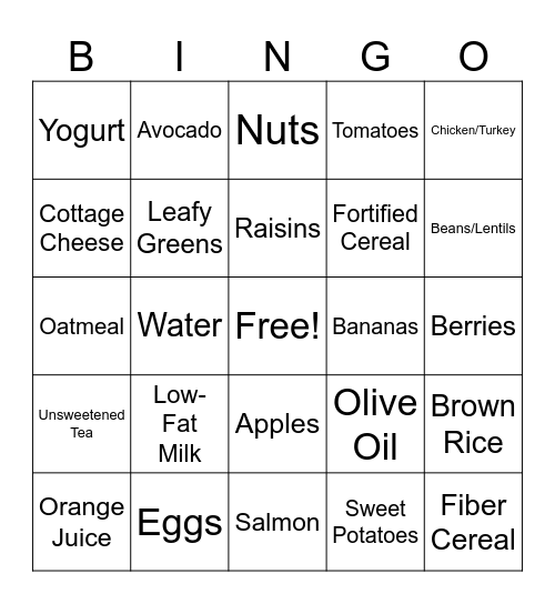Nutrition Bingo Card