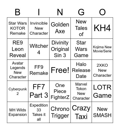 Game Awards 2025 Bingo Card