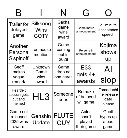 GOTY 2025 Bingo Card