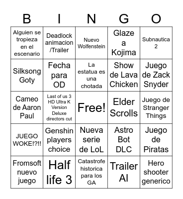 Game Awards 2025 Bingo Card