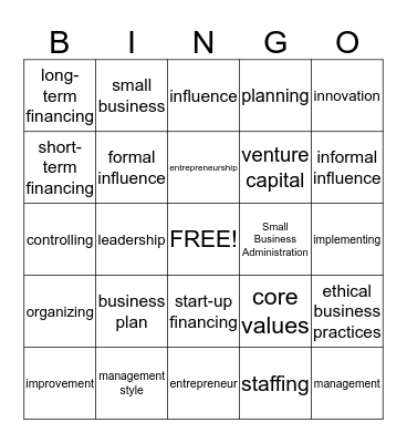 C 6/7 Entrepreneurship and SBM/Mngt and Leadership Bingo Card