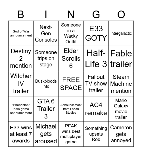 Game Awards 2025 Bingo Card