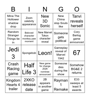 The Game Awards Bingo Card