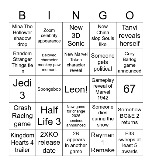 The Game Awards Bingo Card