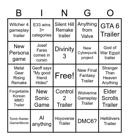 Game Awards 2025 Bingo Card