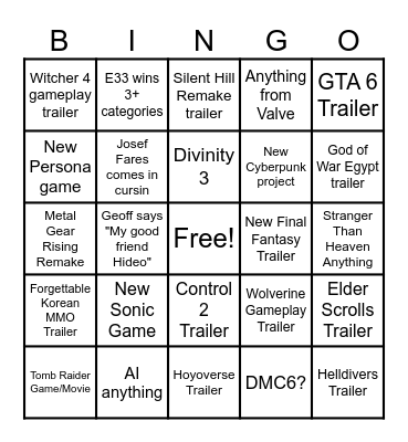 Game Awards 2025 Bingo Card