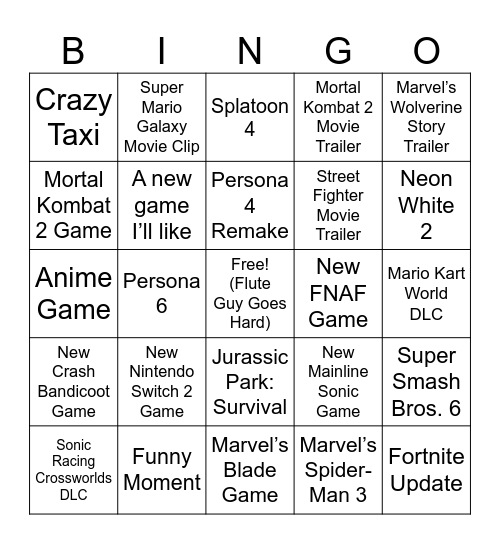The Game Awards 2025 Bingo Card
