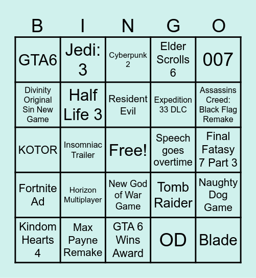Game Awards 2025 Bingo Card