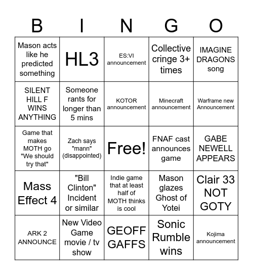 GAME AWARDS Bingo Card