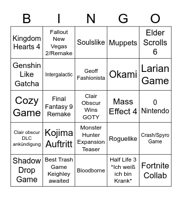 Game Awards Bingo Card