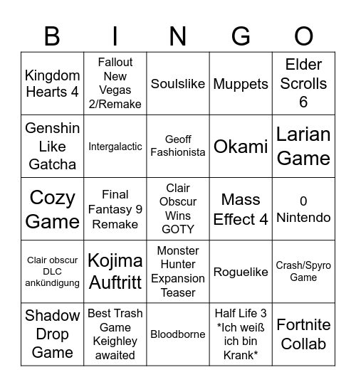 Game Awards Bingo Card