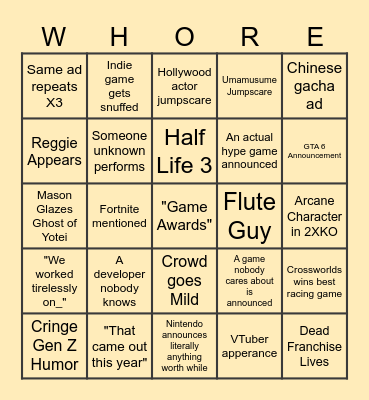 Game Awards Bingo Card