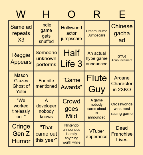 Game Awards Bingo Card