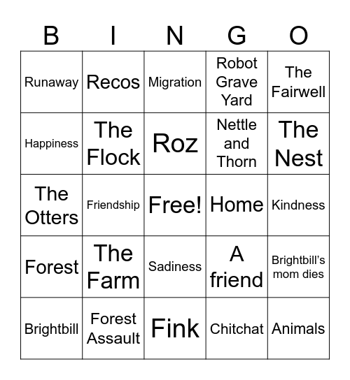 Wild Robot Bingo Card