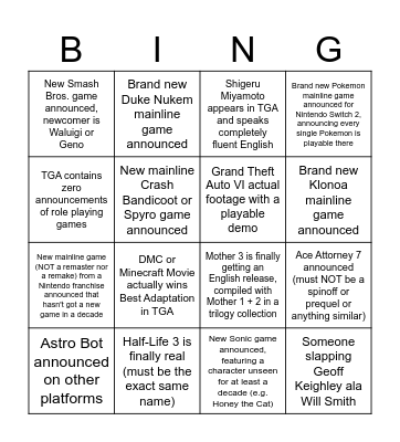 The Game Awards 2025 Bingo (One tile marked = Automatic Win) Bingo Card
