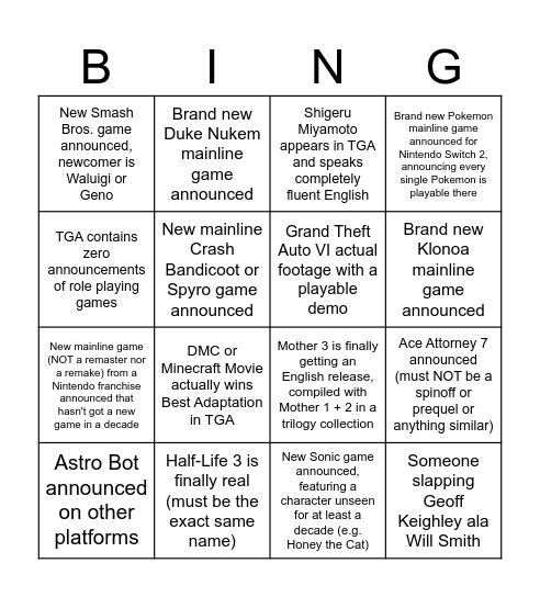 The Game Awards 2025 Bingo (One tile marked = Automatic Win) Bingo Card