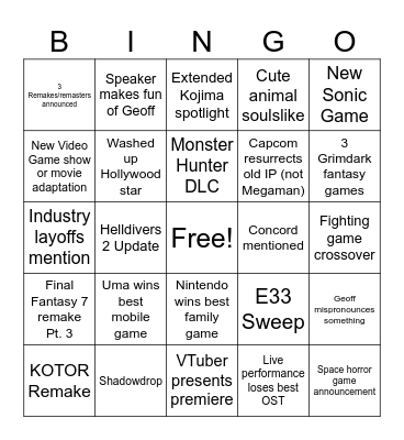 Game Awards 2025 Bingo Card