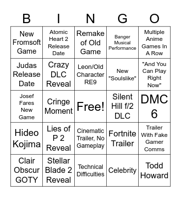 Game Awards 2025 Bingo Card