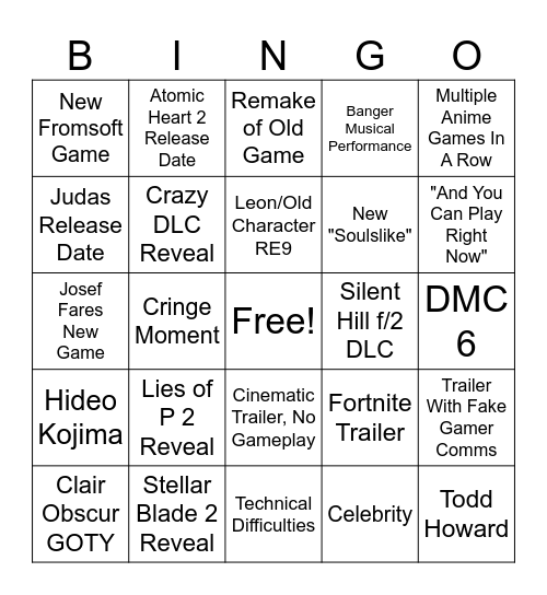 Game Awards 2025 Bingo Card