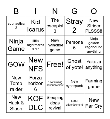 Game Awards Bing Bingo Card