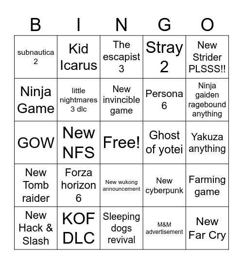 Game Awards Bing Bingo Card