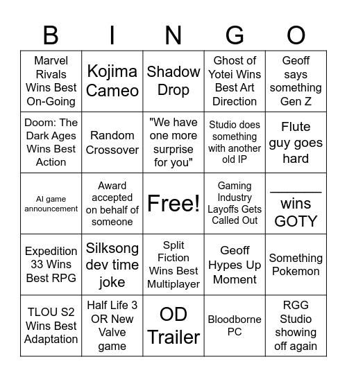 The Game Awards 2025 Bubbles Stream Bingo Card